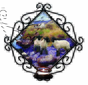 Border Collie on Sheep Watch Wrought Iron Wall Art Candle Holder