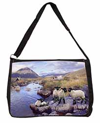 Border Collie on Sheep Watch Large Black Laptop Shoulder Bag School/College