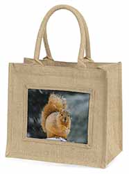Red Squirrel in Snow Natural/Beige Jute Large Shopping Bag