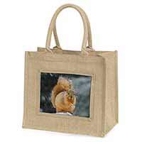 Red Squirrel in Snow Natural/Beige Jute Large Shopping Bag