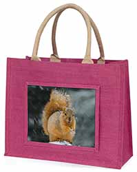 Red Squirrel in Snow Large Pink Jute Shopping Bag