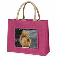 Red Squirrel in Snow Large Pink Jute Shopping Bag