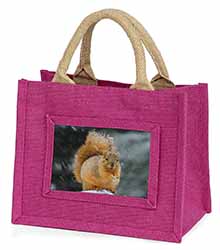 Red Squirrel in Snow Little Girls Small Pink Jute Shopping Bag