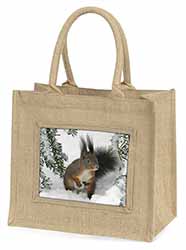 Forest Snow Squirrel Natural/Beige Jute Large Shopping Bag