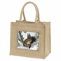Forest Snow Squirrel Natural/Beige Jute Large Shopping Bag