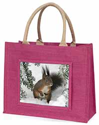 Forest Snow Squirrel Large Pink Jute Shopping Bag