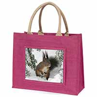 Forest Snow Squirrel Large Pink Jute Shopping Bag