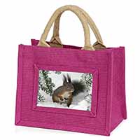 Forest Snow Squirrel Little Girls Small Pink Jute Shopping Bag