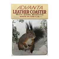 Forest Snow Squirrel Single Leather Photo Coaster