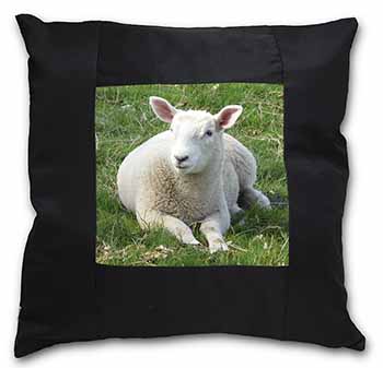 Lamb in Field Black Satin Feel Scatter Cushion