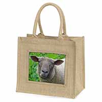 Cute Sheeps Face Natural/Beige Jute Large Shopping Bag