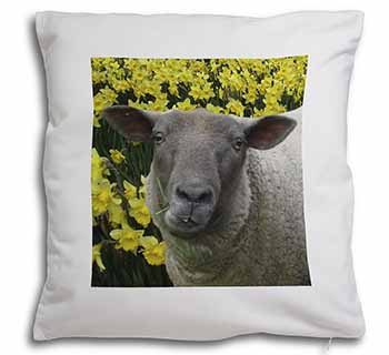 Cute Sheep with Daffodils Soft White Velvet Feel Scatter Cushion