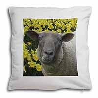 Cute Sheep with Daffodils Soft White Velvet Feel Scatter Cushion