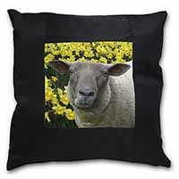 Cute Sheep with Daffodils Black Satin Feel Scatter Cushion