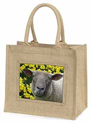 Cute Sheep with Daffodils Natural/Beige Jute Large Shopping Bag