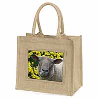 Cute Sheep with Daffodils Natural/Beige Jute Large Shopping Bag