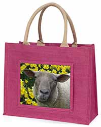 Cute Sheep with Daffodils Large Pink Jute Shopping Bag