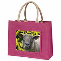 Cute Sheep with Daffodils Large Pink Jute Shopping Bag