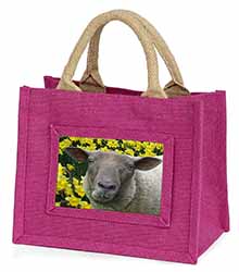 Cute Sheep with Daffodils Little Girls Small Pink Jute Shopping Bag