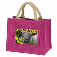 Cute Sheep with Daffodils Little Girls Small Pink Jute Shopping Bag