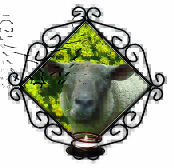 Cute Sheep with Daffodils Wrought Iron Wall Art Candle Holder