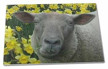 Large Glass Cutting Chopping Board Cute Sheep with Daffodils