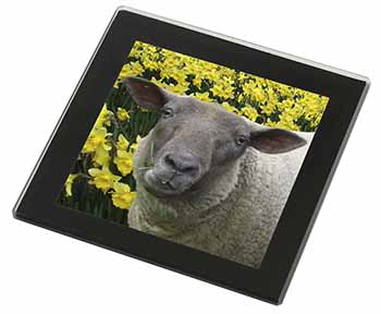 Cute Sheep with Daffodils Black Rim High Quality Glass Coaster