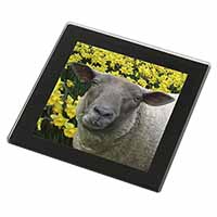 Cute Sheep with Daffodils Black Rim High Quality Glass Coaster