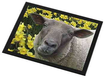 Cute Sheep with Daffodils Black Rim High Quality Glass Placemat