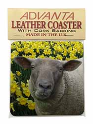 Cute Sheep with Daffodils Single Leather Photo Coaster