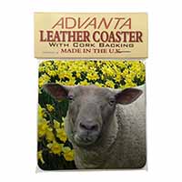 Cute Sheep with Daffodils Single Leather Photo Coaster