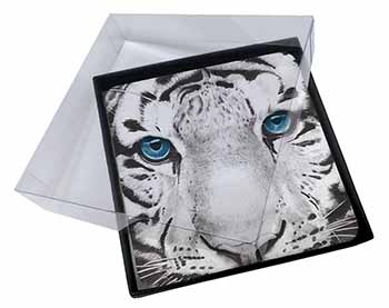 4x Siberian White Tiger Picture Table Coasters Set in Gift Box