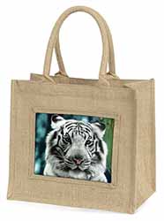 Siberian White Tiger Natural/Beige Jute Large Shopping Bag