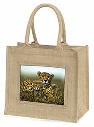 Cheetah and Cubs Natural/Beige Jute Large Shopping Bag