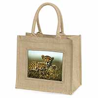 Cheetah and Cubs Natural/Beige Jute Large Shopping Bag