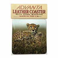 Cheetah and Cubs Single Leather Photo Coaster
