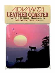 African Lions Sunrise Single Leather Photo Coaster