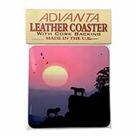 African Lions Sunrise Single Leather Photo Coaster