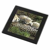 Cheetah and Newborn Babies Black Rim High Quality Glass Coaster