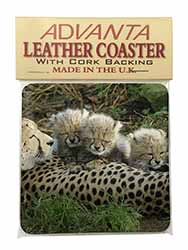 Cheetah and Newborn Babies Single Leather Photo Coaster