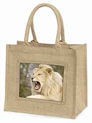 Roaring White Lion Natural/Beige Jute Large Shopping Bag
