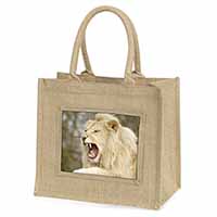 Roaring White Lion Natural/Beige Jute Large Shopping Bag