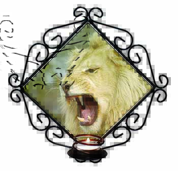 Roaring White Lion Wrought Iron Wall Art Candle Holder