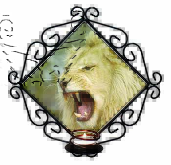 Roaring White Lion Wrought Iron Wall Art Candle Holder