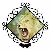 Roaring White Lion Wrought Iron Wall Art Candle Holder