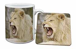 Roaring White Lion Mug and Coaster Set