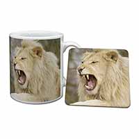 Roaring White Lion Mug and Coaster Set