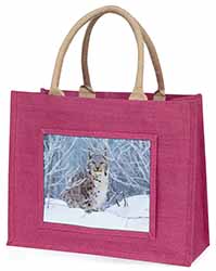 Wild Lynx in Snow Large Pink Jute Shopping Bag