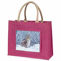 Wild Lynx in Snow Large Pink Jute Shopping Bag