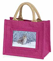 Wild Lynx in Snow Little Girls Small Pink Jute Shopping Bag